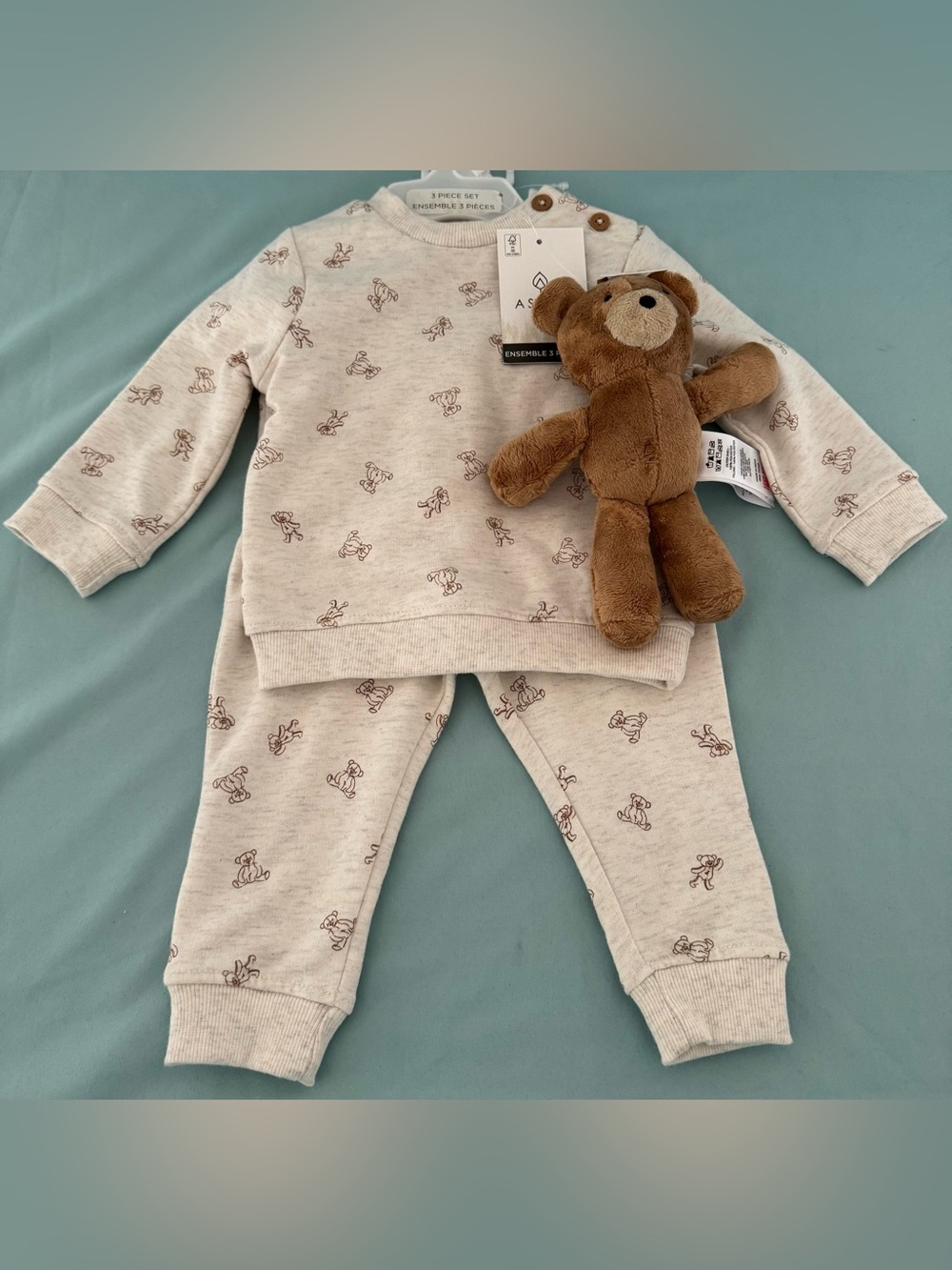 Aspen 3-Piece Baby Boys Teddy Bear Sweatshirt and Matching Sweatpants